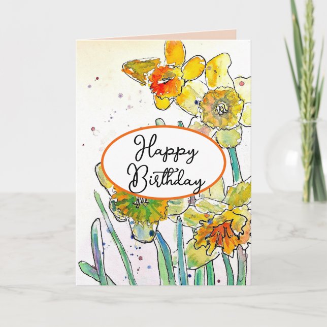 Tarjeta Flor de Daffodil Amarillo Acuarela Cumpleaños (Anverso)