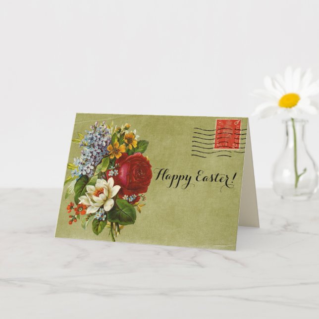 Tarjeta Flor de época Bouquet Correo Verde con sello rojo (Planta pequeña)