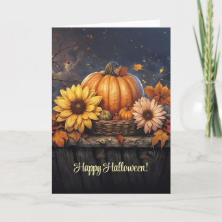 Tarjeta Flor de follaje otoñal feliz calabaza de Halloween