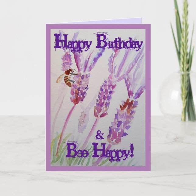 Tarjeta Flor de lavanda y acuarela de abeja cumpleaños (Anverso)