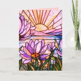 Tarjeta Flor de Loto Nenúfar Rosa Púrpura Naranja Atardece