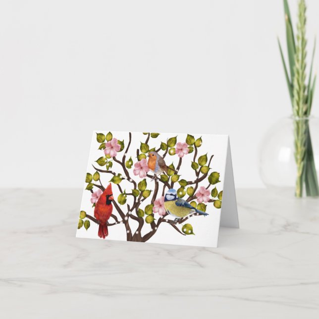 Tarjeta Flor de manzana y pájaro de canto todas las ocasio (Anverso)