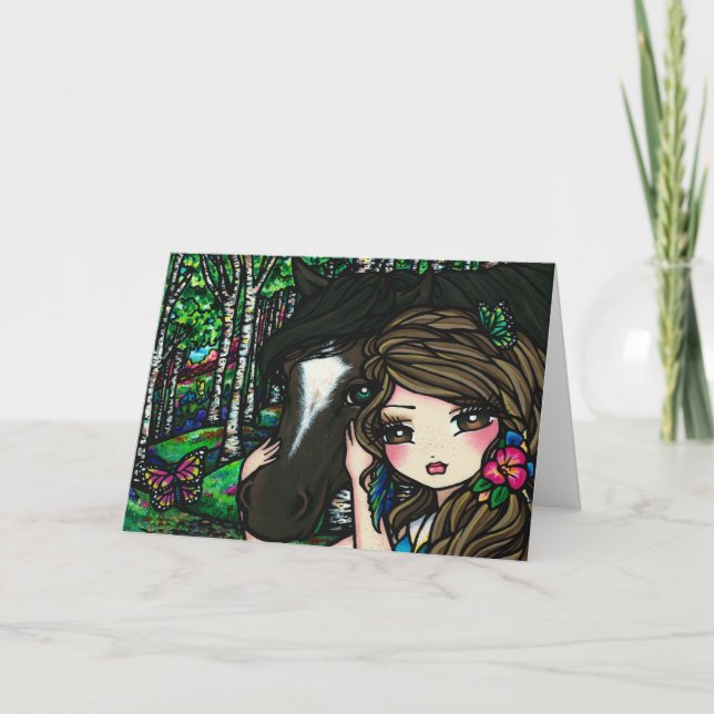 Tarjeta Flor de mariposa en el bosque de caballos Fantasía (Anverso)