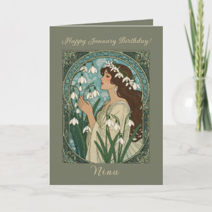 Tarjeta Flor de nacimiento de enero Snowdrop Art Nouveau