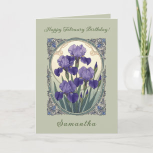 Tarjeta Flor de nacimiento de febrero Iris Art Nouveau Sty
