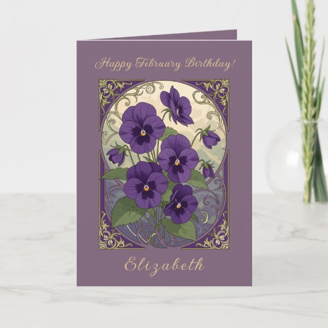 Tarjeta Flor de nacimiento de febrero Viola Flores Art Nou (Anverso)