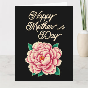 Tarjeta Flor de peonía rosa vintage negra Feliz día de la 