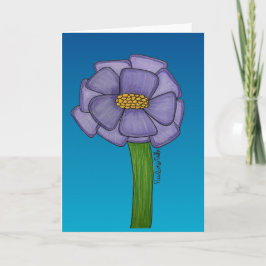 Tarjeta Flor morada con fondo azul en blanco