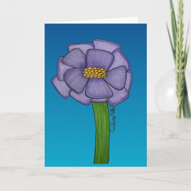 Tarjeta Flor morada con fondo azul en blanco (Anverso)
