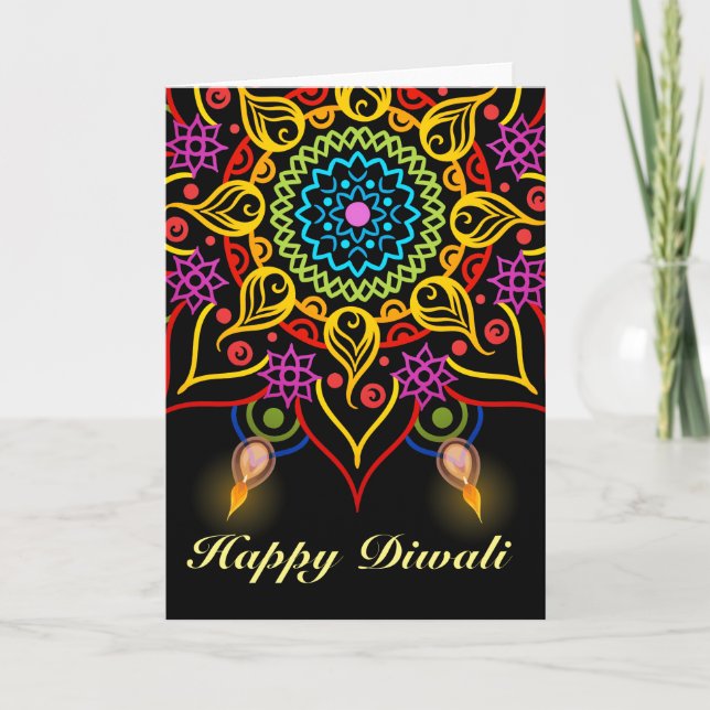 Tarjeta Flor Rangoli de Diwali con las lámparas de aceite (Anverso)