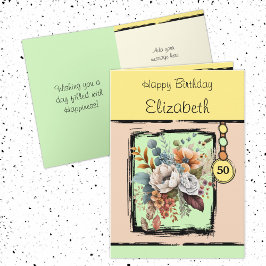 Tarjeta Floral 50 cumpleaños nombre personalizado amarillo