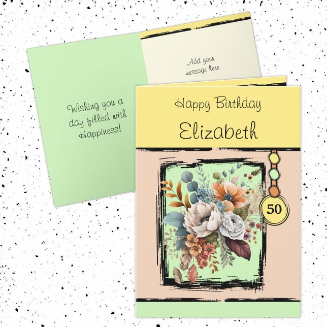 Tarjeta Floral 50 cumpleaños nombre personalizado amarillo (Subido por el creador)