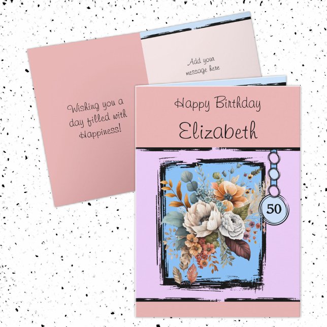 Tarjeta Floral 50 cumpleaños nombre personalizado rosa (Subido por el creador)