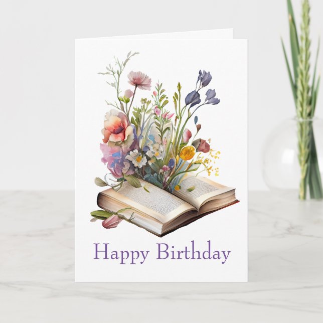 Tarjeta Floral acuarela y libros Cumpleaños (Anverso)