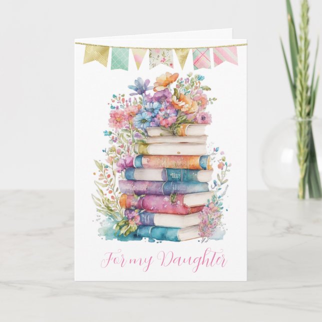 Tarjeta Floral acuarela y libros Hija de cumpleaños (Anverso)