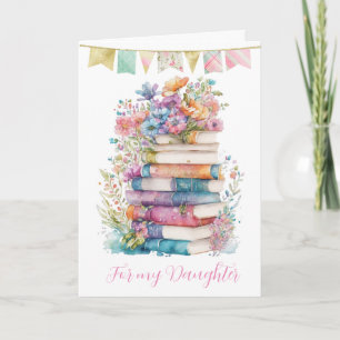 Tarjeta Floral acuarela y libros Hija de cumpleaños