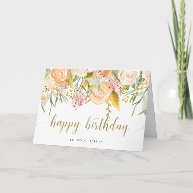 Tarjeta Floral acuática dorada | Cumpleaños (Anverso)