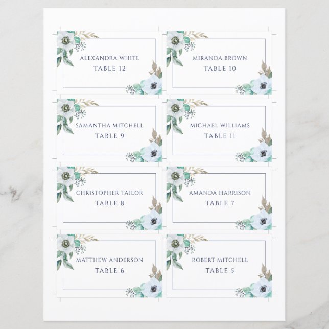 Tarjeta Floral Anemone Elegant Wedding Place Card (Anverso)