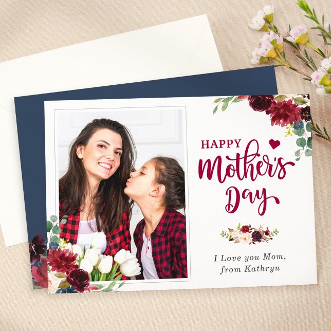 Tarjeta Floral azul borgoñona marina feliz día de la madre (Subido por el creador)