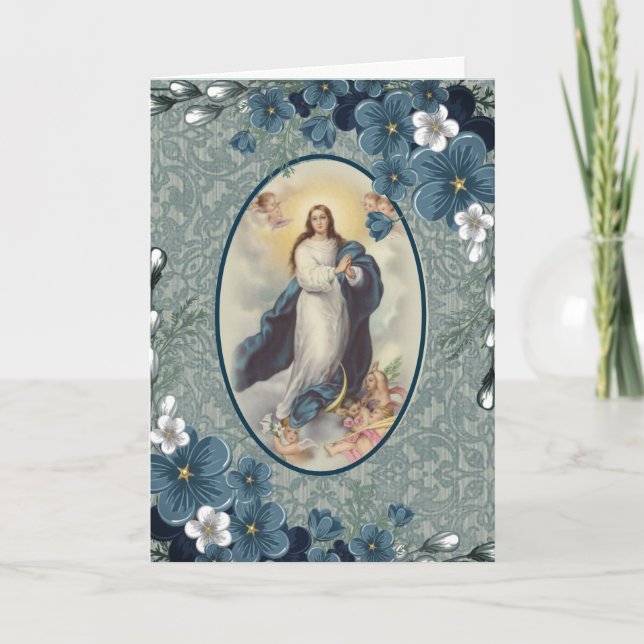 Tarjeta Floral azul | Católico | Virgen María (Anverso)
