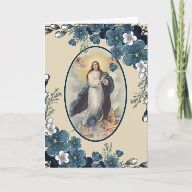 Tarjeta Floral azul | Católico | Virgen María (Anverso)