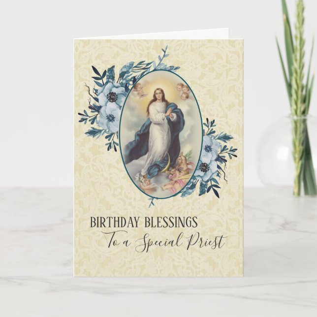 Tarjeta Floral Azul | Cumpleaños Sacerdote | Virgen Madre  (Anverso)