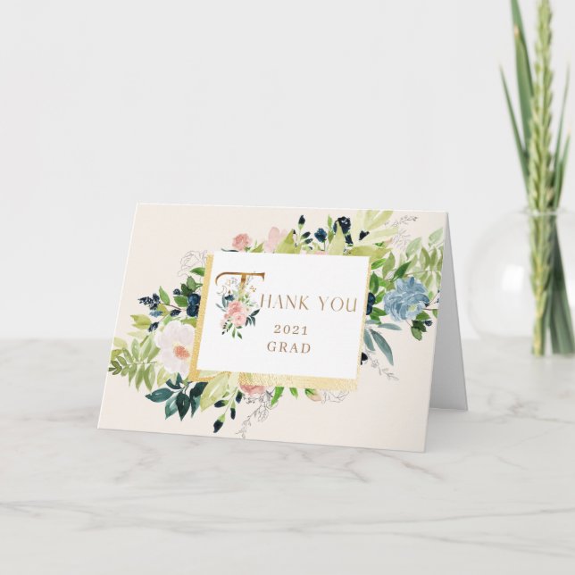 Tarjeta floral azul rubia Foto Graduación Gracias (Anverso)
