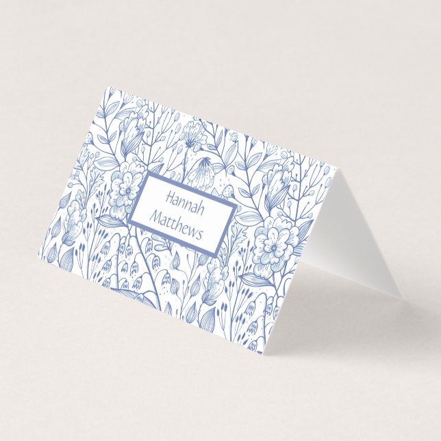 Tarjeta Floral azul y blanca elegante (Anverso)