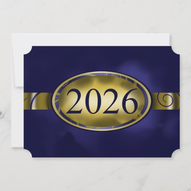 Tarjeta floral azul y dorada con botón 2026 (Anverso)