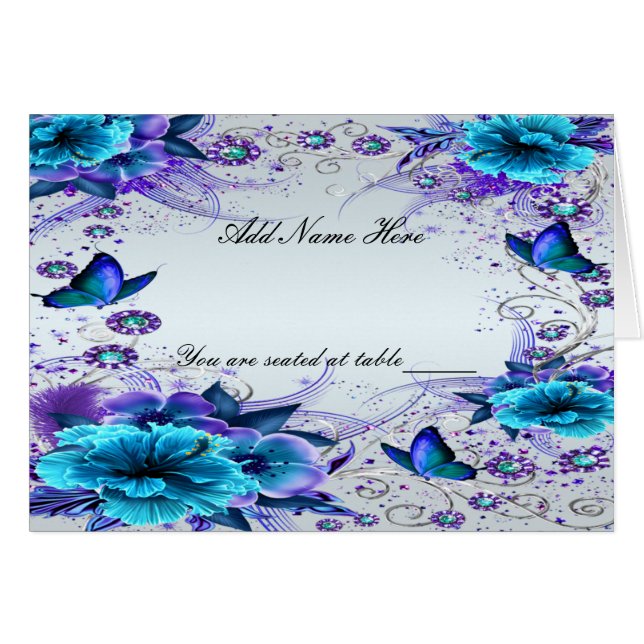 Tarjeta Floral Azul Y Mariposa Doblada De Mesa (Anverso (Horizontal))