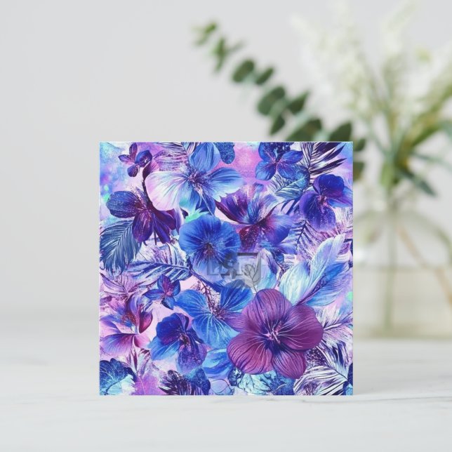 Tarjeta Floral azul y violeta (Anverso de pie)