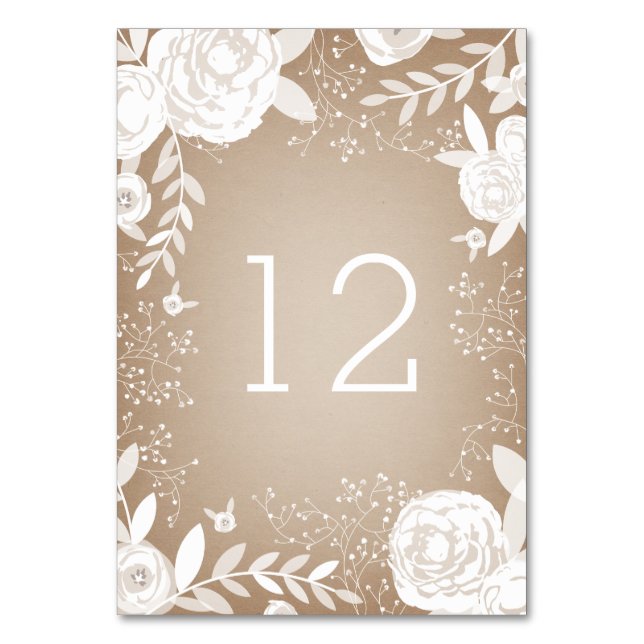 Tarjeta Floral Blanca Número de Tabla Inspirado (Anverso)