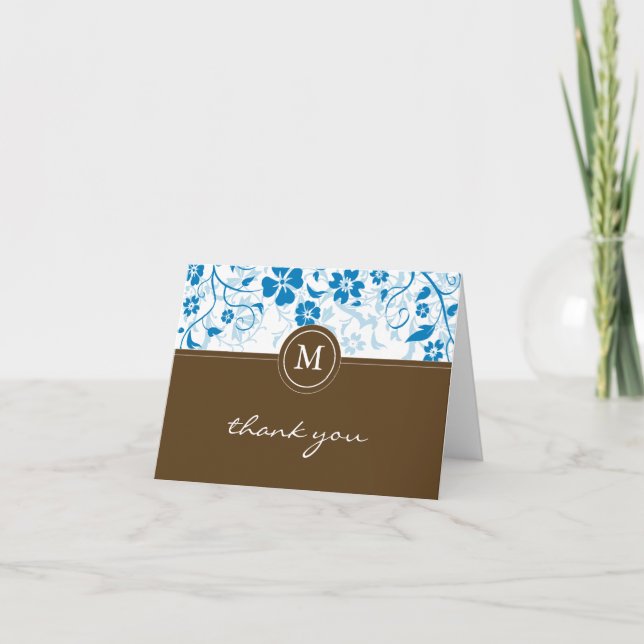 Tarjeta Floral Blue-Brown Monograma Gracias (Anverso)