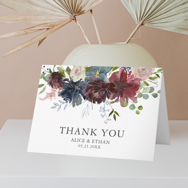 Tarjeta Floral Borgoña y Boda Azul Gracias (Subido por el creador)