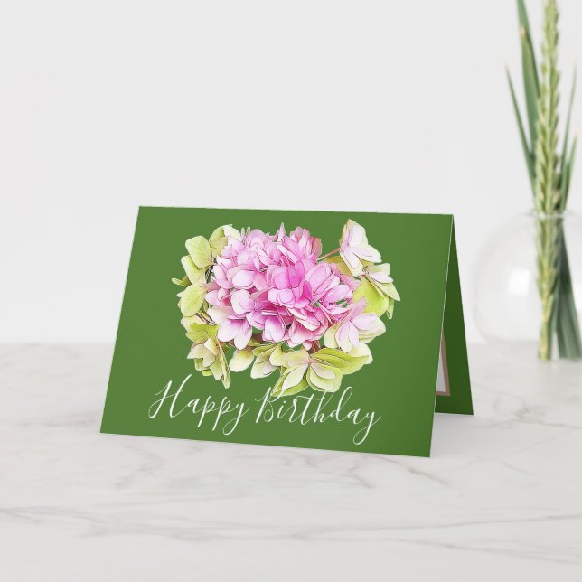 Tarjeta Floral Bouquet Hydrangea Flor Chica rosa Cumpleaño (Anverso)