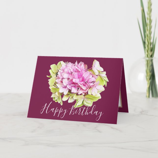 Tarjeta Floral Bouquet Hydrangea Flor Chica rosa Cumpleaño (Anverso)