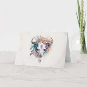 Tarjeta Floral Bull Skull Watercolor Art