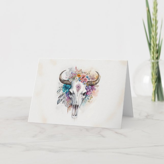 Tarjeta Floral Bull Skull Watercolor Art (Anverso)