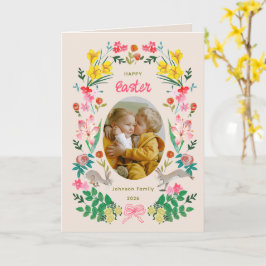 Tarjeta Floral Bunny Happy Easter Family Photo Card