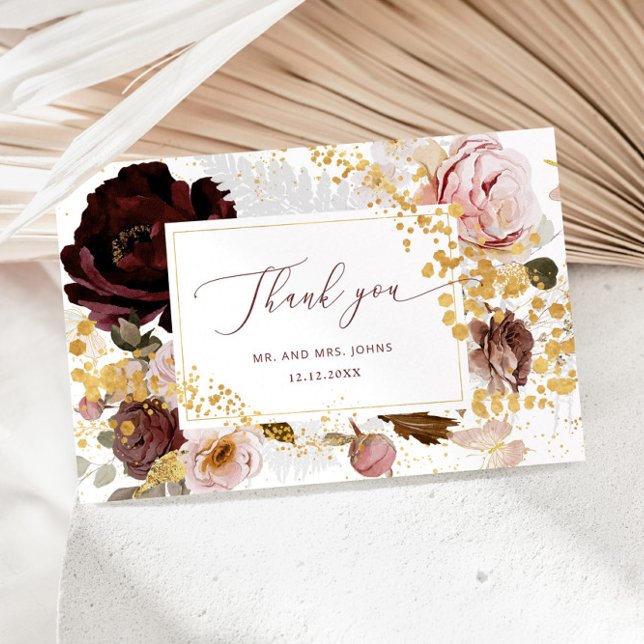 Tarjeta Floral burgundy oro otoño boda gracias (Subido por el creador)