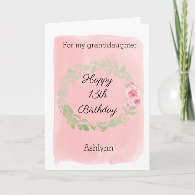Tarjeta Floral color de agua rosa 13 cumpleaños (Anverso)