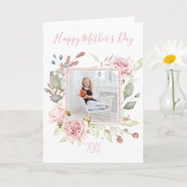 Tarjeta Floral color de agua rosa con foto Día de la Madre