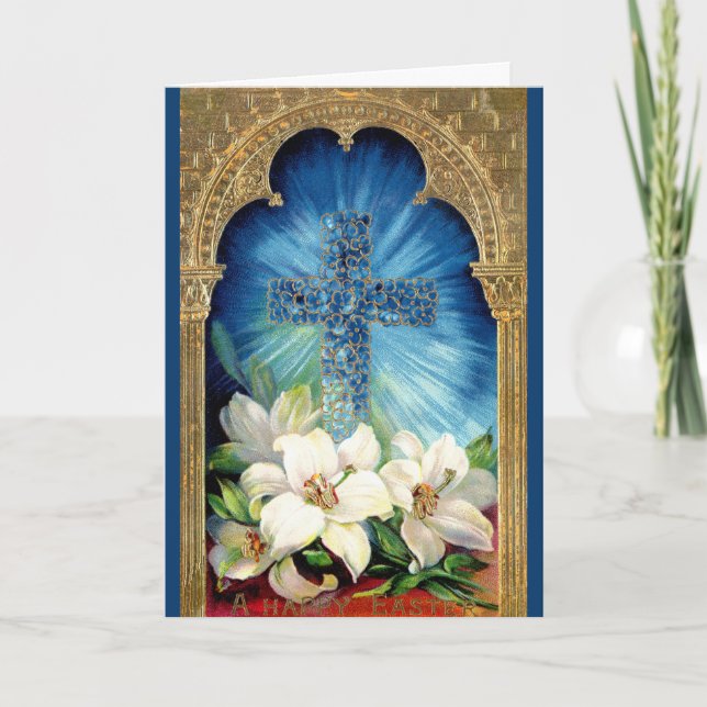 Tarjeta Floral Cross Easter Blue & Gold (Anverso)
