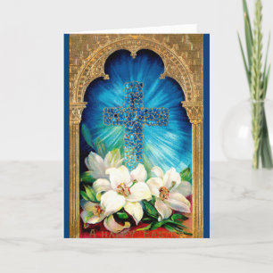 Tarjeta Floral Cross Easter Blue & Gold