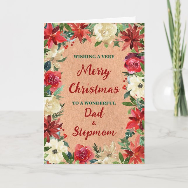 Tarjeta Floral Dad y Stepmom Merry Christmas (Anverso)