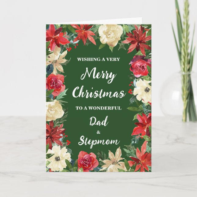 Tarjeta Floral Dad y Stepmom Merry Christmas (Anverso)