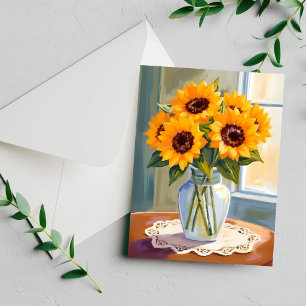 Tarjeta floral de acuarela con ramo de girasoles a