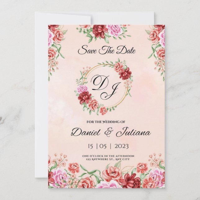 Tarjeta floral de acuarela roja beige, elegante fl (Anverso)