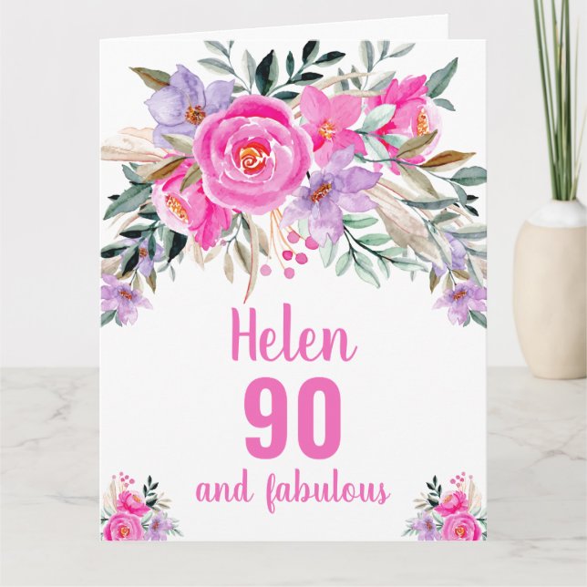 tarjeta floral de acuarela rosa para cumpleaños 90 (Anverso)