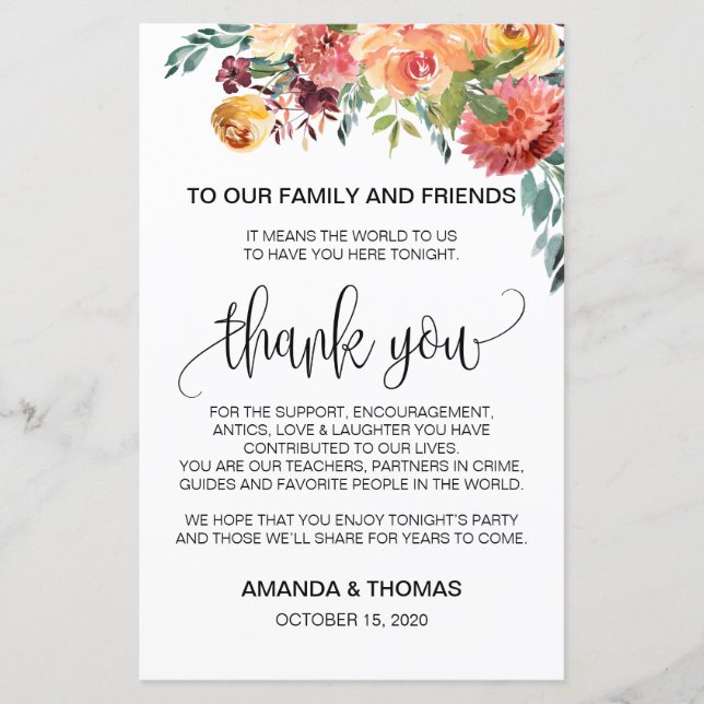 Tarjeta Floral de agradecimiento al Naranja Borgoñ (Anverso)